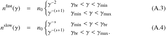 Mathematical equation: \appendix \setcounter{section}{1} \begin{eqnarray} n^{\rm fast}(\gamma) &= &n_0 \begin{cases} \gamma^{-2} & \gamma_{\rm br}<\gamma<\gamma_{\rm min} \\ \gamma^{-(s+1)} & \gamma_{\rm min}<\gamma<\gamma_{\rm max} \end{cases} \label{eq:fastcooling} \\ n^{\rm slow}(\gamma) &=& n_0 \begin{cases} \gamma^{-s} & \gamma_{\rm min}<\gamma<\gamma_{\rm br} \\ \gamma^{-(s+1)} & \gamma_{\rm br}<\gamma<\gamma_{\rm max}. \end{cases} \label{eq:slowcooling} \end{eqnarray}