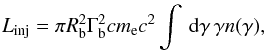 Mathematical equation: \appendix \setcounter{section}{1} \begin{eqnarray} L_{\rm inj} = \pi R_{\rm b}^2 \Gamma_{\rm b}^2 c m_{\rm e}c^2 \int\td{\gamma} \gamma n(\gamma) \label{eq:electronnormalization}, \end{eqnarray}