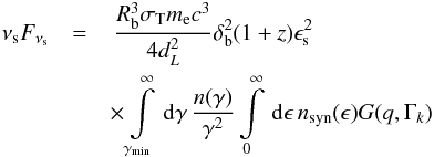 Mathematical equation: \appendix \setcounter{section}{2} \begin{eqnarray} \nu_{\rm s} F_{\nu_{\rm s}} &=& \, \frac{R_{\rm b}^3\sigma_{\rm T} m_{\rm e} c^3}{4 d_L^2} \delta_{\rm b}^2 (1+z) \epsilon_{\rm s}^2 \nonumber \\ &&\times \intl_{\gamma_{\rm min}}^{\infty} \td{\gamma} \frac{n(\gamma)}{\gamma^2} \intl_0^{\infty} \td{\epsilon} n_{\rm syn}(\epsilon) G(q,\Gamma_k) \label{eq:nuFnussc} \end{eqnarray}