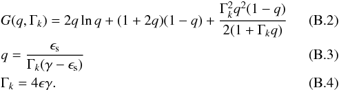 Mathematical equation: \appendix \setcounter{section}{2} \begin{eqnarray} &&G(q,\Gamma_k) = 2q\ln{q} + (1+2q)(1-q) + \frac{\Gamma_k^2q^2(1-q)}{2(1+\Gamma_kq)} \\ &&q = \frac{\epsilon_{\rm s}}{\Gamma_k(\gamma-\epsilon_{\rm s})} \\ &&\Gamma_k = 4\epsilon\gamma \label{eq:KNparam} . \end{eqnarray}