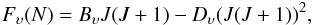 Mathematical equation: \begin{eqnarray} F_\upsilon(N) = B_\upsilon J(J+1) - D_\upsilon (J(J+1))^2, \label{eqn:3} \end{eqnarray}
