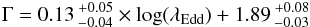 Mathematical equation: \begin{eqnarray} \Gamma=0.13\,_{-0.04}^{+0.05}\times \log(\lambda_{\rm Edd}) +1.89\,_{-0.03}^{+0.08} \end{eqnarray}