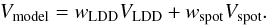 Mathematical equation: \begin{equation} V_\mathrm{model} = w_\mathrm{LDD}V_\mathrm{LDD} + w_\mathrm{spot}V_\mathrm{spot}. \end{equation}