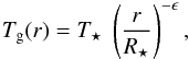 Mathematical equation: \begin{eqnarray} \label{eq:tkin}T_\mathrm{g}(r) = T_\star\ \left(\frac{r}{R_\star}\right)^{-\epsilon}, \end{eqnarray}