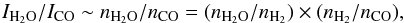 Mathematical equation: \begin{eqnarray*} I_{\mathrm{H}_2\mathrm{O}}/I_\mathrm{CO} \sim n_{\mathrm{H}_2\mathrm{O}}/n_\mathrm{CO} = (n_{\mathrm{H}_2\mathrm{O}}/n_{\mathrm{H}_2}) \times (n_{\mathrm{H}_2}/n_{\mathrm{CO}}), \end{eqnarray*}