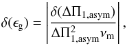 Mathematical equation: \begin{equation} \delta(\epsilon_{\mathrm{g}}) = \left|\frac{\delta(\Delta\Pi_{1, \rm asym})}{\Delta\Pi_{1, \rm asym}^{2} \nu_{\rm m} }\right| \mathrm{,} \label{eq:asymptotic_relation_perturbation} \end{equation}