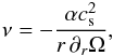 Mathematical equation: \begin{eqnarray} \nu=-\frac{\alpha c_{\rm s}^{2}}{ r \,\partial_r \Omega}, \label{nu} \end{eqnarray}