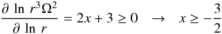 Mathematical equation: \begin{eqnarray} \label{aux} \frac{\partial \, \ln \, r^3\Omega^2}{\partial \, \ln \, r}=2x+3\geq0 \: \: \: \rightarrow \: \: \: x \geq -\frac{3}{2} \end{eqnarray}