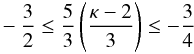 Mathematical equation: \begin{eqnarray} -\frac{3}{2}\leq\frac{5}{3}\left(\frac{\kappa-2}{3}\right) \leq -\frac{3}{4} \label{kappa_range} \end{eqnarray}