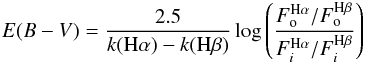 Mathematical equation: \begin{eqnarray} E(B-V)=\frac{2.5}{k({\rm H}\alpha)-k({\rm H}\beta)}\log\left(\frac{F_{\rm o}^{{\rm H}\alpha}/F_{\rm o}^{{\rm H}\beta}}{F_i^{{\rm H}\alpha}/F_i^{{\rm H}\beta}}\right) \end{eqnarray}