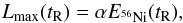 Mathematical equation: \begin{equation} \label{eq:lm-eni} L_{\rm max}(t_{\rm R})=\alpha E_{^{56}{\rm Ni}}(t_{\rm R}), \end{equation}