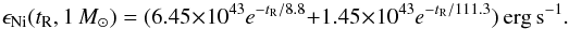Mathematical equation: \begin{equation} \label{eq:eni} \epsilon_{\rm Ni} (t_{\rm R}, 1~M_{\odot})= (6.45 \times 10^{43} e^{-t_{\rm R}/8.8} + 1.45 \times 10^{43} e^{-t_{\rm R}/111.3})~{\rm erg\, s^{-1}} . \end{equation}
