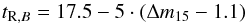 Mathematical equation: \begin{equation} t_{{\rm R}, B}=17.5 - 5 \cdot (\Delta m_{15} - 1.1) \end{equation}