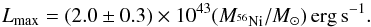 Mathematical equation: \begin{equation} \label{eq:arn} L_{\rm max}=(2.0 \pm 0.3) \times 10^{43} (M_{^{56}{\rm Ni}}/M_{\odot}) \,{\rm erg\,s^{-1}}. \end{equation}