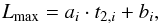 Mathematical equation: \begin{equation} \label{eq:lmt2} L_{\rm max}=a_i \cdot t_{2,i} + b_i , \end{equation}