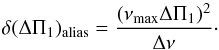 Mathematical equation: \appendix \setcounter{section}{1} \begin{equation} \ddpialias = \frac{(\numax\deltapi)^{2}}{\Dnu} \cdot \label{deltapi_erreur_trou} \end{equation}
