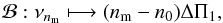Mathematical equation: \begin{equation} \label{eqt-bijection} \mathcal{B}{}: \nu_{{n\ind{m}}} \longmapsto ({n\ind{m}}-n_0)\deltapi , \end{equation}