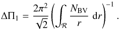 Mathematical equation: \begin{equation} \deltapi = \frac{2\pi^{2}}{\sqrt{2}}\left(\int_{\mathcal{R}} \frac{\NBV}{r}\; \diff r\right)^{-1}. \label{Brunt_equation} \end{equation}