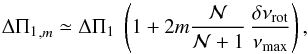 Mathematical equation: \begin{equation} \label{eqt-spacing-rot2} {\deltapi}_{,m} \simeq \deltapi \ \left( 1 + 2 m {\mathcal{N}\over \mathcal{N}+1} \, {\delta\nu\ind{rot} \over \numax} \right) , \end{equation}