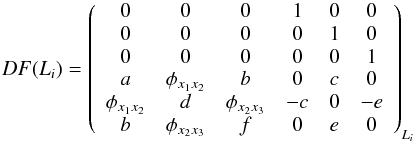 Mathematical equation: \begin{equation} DF(L_i) = \left( \begin{array}{cccccc} 0 & 0 & 0 & 1 & 0 & 0 \\ 0 & 0 & 0 & 0 & 1 & 0 \\ 0 & 0 & 0 & 0 & 0 & 1 \\ a & \phi_{x_1x_2} & b & 0 & c & 0 \\ \phi_{x_1x_2} & d & \phi_{x_2x_3} & -c & 0 & -e \\ b & \phi_{x_2x_3} & f & 0 & e & 0 \end{array} \right)_{L_i} \label{eqn:df} \end{equation}