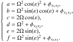 Mathematical equation: \begin{equation} \left\lbrace \begin{array}{l} a = \Omega^2\cos(\varepsilon)^2+\phi_{x_1x_2}, \\ b = \Omega^2\sin(\varepsilon)\cos(\varepsilon)+\phi_{x_1x_3}, \\ c = 2\Omega\cos(\varepsilon), \\ d = \Omega^2+\phi_{x_2x_2}, \\ e = 2\Omega\sin(\varepsilon), \\ f = \Omega^2\sin(\varepsilon)^2+\phi_{x_3x_3}. \end{array} \right. \end{equation}