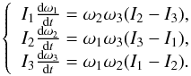 Mathematical equation: \begin{equation} \left\lbrace \begin{array}{l} I_1\frac{{\rm d}\omega_1}{{\rm d}t} = \omega_2 \omega_3 (I_2 - I_3), \\ I_2\frac{{\rm d}\omega_2}{{\rm d}t} = \omega_1 \omega_3 (I_3 - I_1), \\ I_3\frac{{\rm d}\omega_3}{{\rm d}t} = \omega_1 \omega_2 (I_1 - I_2). \\ \end{array} \right. \label{eqn:euler} \end{equation}