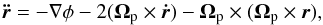 Mathematical equation: \begin{equation} \label{eq:motion_ant} {\vec{\ddot{r}}=-\nabla \phi} -2(\vec{\Omega}_{\rm p} \times \vec{\dot{r}})-\vec{\Omega}_{\rm p} \times (\vec{\Omega}_{\rm p} \times \vec{r}), \end{equation}