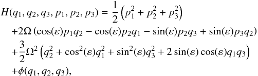 Mathematical equation: \begin{eqnarray} &&H(q_1,q_2,q_3,p_1,p_2,p_3) = \frac{1}{2}\left(p_1^2+p_2^2+p_3^2\right) \nonumber\\ && \quad+2\Omega\left(\cos(\varepsilon)p_1q_2 -\cos(\varepsilon)p_2q_1 - \sin(\varepsilon)p_2q_3+\sin(\varepsilon)p_3q_2\right) \nonumber\\ & & \quad+\frac{3}{2}\Omega^2\left(q_2^2+\cos^2(\varepsilon)q_1^2+\sin^2(\varepsilon)q_3^2+2\sin(\varepsilon)\cos(\varepsilon)q_1q_3\right) \nonumber\\ && \quad+ \phi(q_1,q_2,q_3), \end{eqnarray}