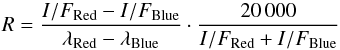 Mathematical equation: \begin{equation} R=\frac{I/F_{\rm Red}-I/F_{\rm Blue}}{\lambda_{\rm Red}-\lambda_{\rm Blue}}\cdot \frac{20\,000}{I/F_{\rm Red}+I/F_{\rm Blue}} \label{eq:reddening} \end{equation}