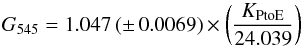 Mathematical equation: \begin{equation} G_{545} = \gcinq\, (\pm\, 0.0069) \times \left( \frac{K_{\text{PtoE}}}{24.039} \right) \label{g545} \end{equation}