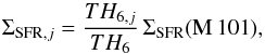 Mathematical equation: \begin{equation} \SFRaj = \frac{TH_{{\rm 6},j}}{TH_{\rm 6}}\,\SFRa({\rm M\,101}), \label{eq:sfr-i} \end{equation}
