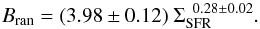 Mathematical equation: \begin{equation} \Br = (3.98\pm0.12)~ \SFRa^{\,\,\,0.28\pm0.02}. \label{eq:Br} \end{equation}