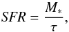 Mathematical equation: \begin{equation} \label{f.sfr} {\it SFR}=\frac{M_{*}}{\tau} , \end{equation}