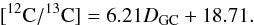 Mathematical equation: \begin{equation} \label{f.ratio} [^{12}{\rm C}/^{13}{\rm C}]=6.21D_{\rm GC}+18.71 . \end{equation}