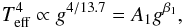 Mathematical equation: \begin{eqnarray} {T_{\rm eff}^4} \propto g^{4/13.7} = A_1 g^{\beta_1}, \end{eqnarray}
