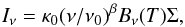 Mathematical equation: \begin{equation} \label{eqBB} I_{\nu} = \kappa_0(\nu/\nu_0)^{\beta}B_{\nu}(T)\Sigma, \end{equation}