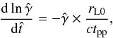 Mathematical equation: $$ {{\rm d} \ln{\hat{\gamma}} \over {\rm d}\hat{t}} =- \hat{\gamma} \times {r_{\rm L0} \over c t_{\rm pp}}, $$