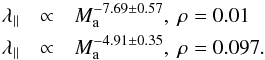 Mathematical equation: \begin{eqnarray} \label{Eq:LPAX1} \lambda_{\parallel} &\propto& M_{\rm a}^{-7.69 \pm 0.57} , \ \rm{\rho=0.01} \nonumber \\ \lambda_{\parallel} &\propto& M_{\rm a}^{-4.91 \pm 0.35} ,\ \rm{\rho=0.097}. \end{eqnarray}