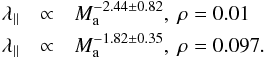 Mathematical equation: \begin{eqnarray} \lambda_{\parallel} &\propto& M_{\rm a}^{-2.44 \pm 0.82} , \ \rm{\rho=0.01} \nonumber \\ \lambda_{\parallel} &\propto& M_{\rm a}^{-1.82 \pm 0.35} , \ \rm{\rho=0.097}. \end{eqnarray}