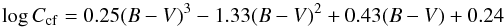 Mathematical equation: \begin{equation} \log{C_{\rm cf}} = 0.25(B-V)^3 - 1.33(B-V)^2 + 0.43(B-V) + 0.24 \end{equation}