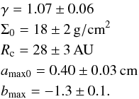 Mathematical equation: \begin{eqnarray*} &&\gamma = 1.07\pm 0.06 \\ &&\Sigma_0 = 18\pm 2\,\mathrm{g/cm}^2\\ &&R_{\rm c} = 28\pm 3\,\mathrm{AU}\\ &&a_\mathrm{max0} = 0.40\pm 0.03\,\mathrm{cm}\\ &&b_\mathrm{max} = -1.3\pm 0.1. \end{eqnarray*}