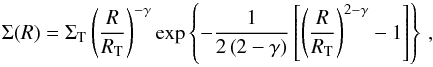 Mathematical equation: \appendix \setcounter{section}{2} \begin{equation} \Sigma(R) = \Sigma_{\mathrm{T}}\left(\frac{R}{R_{\mathrm{T}}} \right)^{-\gamma}\exp\left\{-\frac{1}{2\left(2-\gamma \right)}\left[\left(\frac{R}{R_{\mathrm{T}}} \right)^{2-\gamma}-1 \right] \right\}\,, \end{equation}