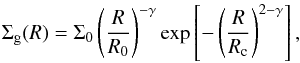 Mathematical equation: \begin{equation} \label{eq:sigma.parametrization} \Sigma_{\mathrm{g}}(R) = \Sigma_{0}\left(\frac{R}{R_{0}} \right)^{-\gamma} \exp{\left[-\left(\frac{R}{R_{\mathrm{c}}} \right)^{2-\gamma} \right]}\,, \end{equation}