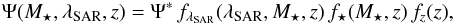 Mathematical equation: \begin{equation} \Psi(M_\star,\sar,z) = \Psi^* \,f_\sar(\sar,M_\star,z)\,f_\star(M_\star,z)\,f_z(z), \label{eq:psi_me} \end{equation}