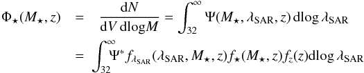 Mathematical equation: \begin{eqnarray} \Phi_\star(M_\star,z)& = & \frac{{\rm d}N}{{\rm d}V\,{\rm dlog} M}=\int_{32}^\infty \Psi(M_\star,\sar,z)\, {\rm dlog}\,\sar \nonumber\\ & =&\!\!\! \int_{32}^\infty\!\! \!\!\Psi^* f_\sar(\sar,M_\star,z)f_\star(M_\star,z)f_z(z) {\rm dlog}\,\sar \ \label{eq:hgmf} \end{eqnarray}