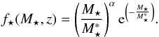 Mathematical equation: \begin{equation} f_\star(M_\star,z) = \left( \frac{M_\star}{M_\star^*} \right)^{\alpha} {\rm e}^{\left( - \frac{M_\star}{M_\star^*} \right)}. \label{eq:schechter} \end{equation}