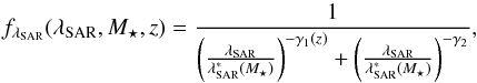 Mathematical equation: \begin{equation} f_\sar(\sar,M_{\star},z) = \frac{1}{\left(\frac{\sar}{\lambda^*_{\rm SAR}(M_{\star})}\right)^{-\gamma_1(z)} + \left(\frac{\sar}{ \lambda^*_{\rm SAR}(M_{\star})}\right)^{-\gamma_2} }, \label{eq:dpl} \end{equation}