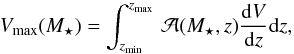 Mathematical equation: \begin{equation} V_{\rm max}(M_\star) =\int_{z_{\rm min}}^{z_{\rm max}} \, \mathcal{A}(M_\star,z)\frac{{\rm d}V}{{\rm d}z}{\rm d}z , \end{equation}