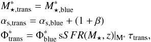 Mathematical equation: \begin{eqnarray} \label{eq:peng} &&M^*_{\star,\rm trans} = M^*_{\star,\rm blue} \nonumber\\ & &\alpha_{\rm s,trans} = \alpha_{\rm s,blue} + (1+\beta)\nonumber \\ &&\Phi^{*}_{\rm trans} = \Phi^*_{\rm blue} \, {\rm s}SFR(M_\star,z)|_{\rm M^*} \, \tau_{\rm trans} , \end{eqnarray}
