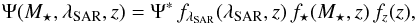 Mathematical equation: \begin{equation} \Psi(M_\star,\sar,z) = \Psi^* \,f_\sar(\sar,z)\,f_\star(M_\star,z)\,f_z(z), \label{eq:psi_me1} \end{equation}